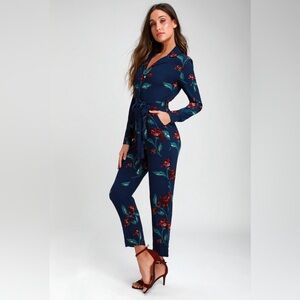 NWT Lulus Because I Met You Navy Blue Floral Print Long Sleeve Jumpsuit